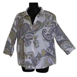 Chicos Paisley Blouse Top SHIMMERY SILVER THREAD Swiss Dots LIGHTWEIGHT Sz 12(2)